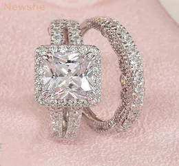 Newshe 2 PCS Vintage Alyans Seti Katı 925 STERLING Gümüş 4ct Prenses Kesme AAAAA CZ Nişan Yüzüğü Kadınlar Gelin2754618