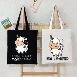 Totes Canvas Tote Bag Sorry I'm A Bit Moody Today Print Student Shopping Cartoon Cow Graphic Casual Handbag Side For Ladies