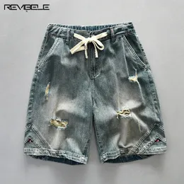 Mens Washed Ripped Denim Shorts Retro Loose Wideleg Half Cowboy Pants Drawstring Buttonup Zipped Jeans Summer Casual Bottoms 240430