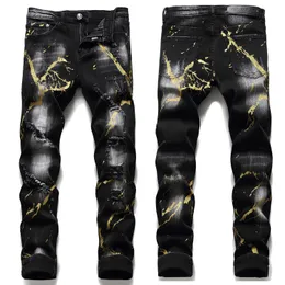 Light Luxury Men's Graffiti Prints Ripped JeansSlim-fit Scratches Black JeansWhite Wash Stretch Denim PantsCasual Jeans; 240422