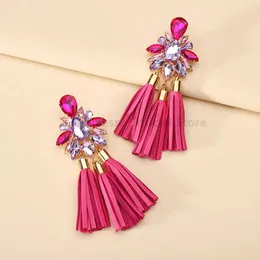 Dangle Chandelier Geometric Shiny Glass Leather Long Tassel Dangle Drop Earrings For Women Trend Luxury Design Charm Wedding Party Jewelry Gift