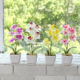장식용 꽃 5 헤드 phalaenopsis 인공 꽃 미니 분재 시뮬레이션 나무 냄비 식물 가짜 사무실 테이블 장식 방 집 장식