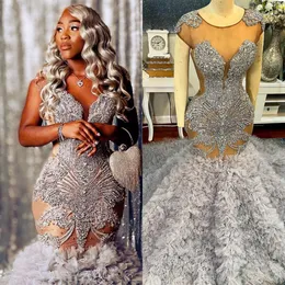 2024 Vestido de noiva de sereia luxuoso para vestidos de noiva de noiva Ilusão Rhinestones Cristais Decorados vestidos de noiva plissados para mulheres negras africanas Casamento D233