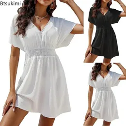 Vestidos casuais 2024 Women Dress Summer Dress Solid Holiday Beach White Sunress Fashion Mini Ladies Loose V pescoço vestidos