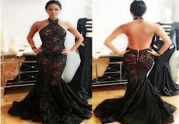 2021 Mermaid Longo Piso Dresses de noite Vestidos de renda preta Apliques formais de baile de formatura de baile de formatura