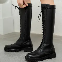 Boots femininos de couro genuíno grande punhado pu de retalhos de laço de renda de outono joelho de inverno alto knight casual preto longo