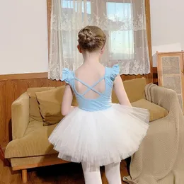 Stage Wear Dress para crianças vestidos de dança Treinando a saia de gaze de salão de salão de mangas voador de mangas Solides