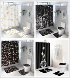 Yaratıcı mermer baskı banyo su geçirmez duş perdesi kaide halı kapak halı tuvalet kapak seti banyo perdesi seti T2001021833445