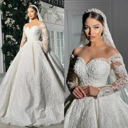 Gorgeous lace ball gown Wedding Dress for bride sheer jewel fulllace wedding dresses long sleeves ruffle robe de mariage saudi arabic lacefull Bridal gowns