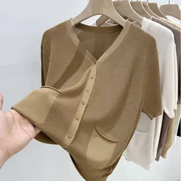 Koreański luźne pullover z nutkiem w szyku w szyku z krótkim rękawem T-shirt Kobiety solidne patchwork śruba śrubowa Fałszne kieszonkowe kieszonkowe góra N791 240422
