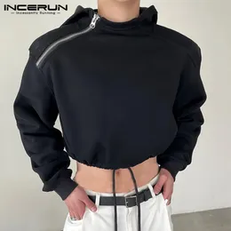 INCERUN Men Hoodies Solid Color Zipper Hooded Long Sleeve Streetwear Fashion Casual Sweatshirts Personality Crop Tops S-5XL 240426