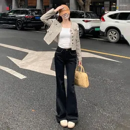 Jeans femininos Garota picante Retro Black Corean Edition Rivet Design Sense Micro Horn Slim Fit Medium Casta Long Pants