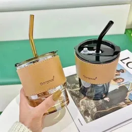 Wine Glasses Internet Celebrity Bamboo Cups With Straw Mocha Coffee Leather Surrounded Mug Office Outdoor Travel Retro Creative Ins 2024