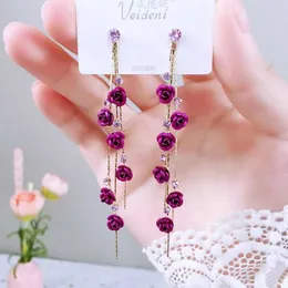 Kolczyki żyrandolowe w stylu vintage Fashion Rose Kolczyki dla kobiet czerwony fioletowy kwiat długi frędzle dhinestone dangle kolczyk