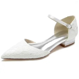 Casual Shoes D'Orsay Lace Lady Flats Point Toe Ankle Strap Kitten klackar för bröllop Mor till brudkomfortklänning Ivory White Black