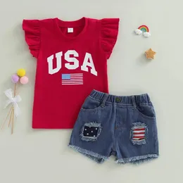 Clothing Sets 4th Of July Kids Girls Outfits Letter Stars Stripe Flag Print Sleeve T-Shirts Frayed Ripped Denim Shorts 2Pcs Clothes Set