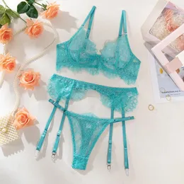 Bras define a calcinha de sutiã Garter Lace Full Blue íntimo Push transparente Mulheres Sexy Sleep Underwear Ultrathin Lingerie