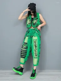 Women's Two Piece Pants Personality Fashion Suit Summer Printed Denim Stitching Mesh Sleeveless Short Vest Harem Streetwear Two-piece Set