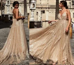 Sparkly Sequins Prom Dresses Long Deep V Neck Straps Full Length Boho Backless Special Occasion Evening Gown Cheap Robes en paille5701580