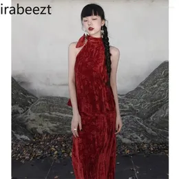 İki Parça Elbise Çin Moda Retro Kırmızı Jakar Kolsuz Halter Top İnce Etek İki Parçalı Kadınlar Yaz Conjunto Femenino
