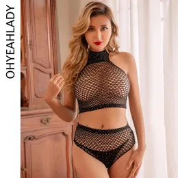 Kadın Mayo Ohyeahlady Seksi Yüksek Bel Bikinis Örtü Kristal Bikini Seti Kadın Nefes Alabilir Fishnet Plaj Şortları Kıyafetler Yular