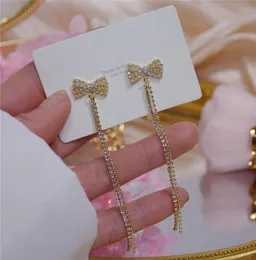 Luxury 14K Real Gold S925 Silver Needle Bow Long Tassel Stud Earrings For Women Cubic Zircon ZC Cute7719382