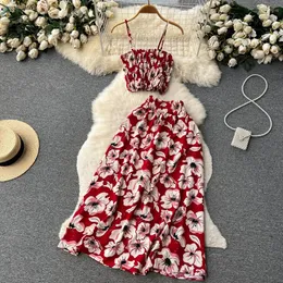 YuooMuoo Women Dress Set 2023 Summer Vacation Fashion Floral Print Straps Crop Tops Long Skirts Outfits Beach 2Pcs Suits 240429