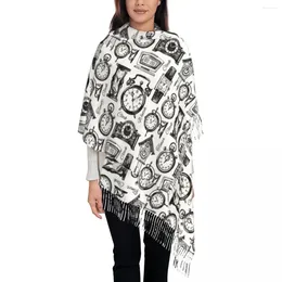 Scarves Clocks And Watches Sketch Scarf Black Shawls Wrpas With Long Tassel Lady Y2k Cool Wraps Autumn Bufanda Mujer