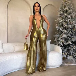 BUILDINGB Deep V Collar Hollow Out Sparkling Sexy Solid Color Gold Fared Jumpsuit Knot Halter Backless Street Wear 240424