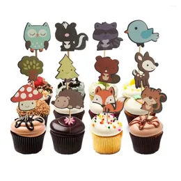 Party Supplies 24pcs Woodland Creatures Cake Toppers Jungle Forest Animal Cupcake For Kid's Birthday Decorations Dessert