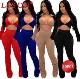 Women's Two Piece Pants 10 Bulk Items Wholesale Lots Pant Sets For Women 2024 Long Sleeve Set Outfits V-neck Crop Top Stacked Legging K13311