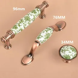 96mm Europe style white and green porcelain furniture handle red bronze cabinet drawer knob antique copper dresser handle6189165