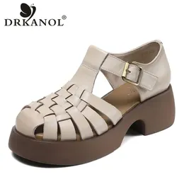 Drkanol Handmade Woven Gladiator Sandals for Women chunky Platform High Heel Sandals Ladies本物の革の夏靴240418