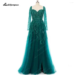 Party Dresses Elegant Side Slit Prom Dress Sweetheart Neck 2024 A Line Illusion Sleeve Feather Bead Embroidery Net Evening Long