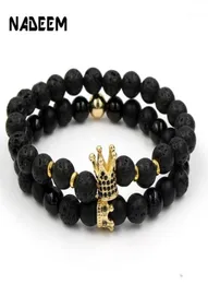 Moda Handmade 2pcslot cz Crown Charm Casal Lava Stone Bracelets Setors Para Mulheres Homens Bileklik Pulseira Masculina112339007