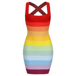 Casual Dresses Sexy Bandage Knitted Dress Slim Fit Mixed Color Stripe Mini For Women Party Vestidos Backless Fashion Robe