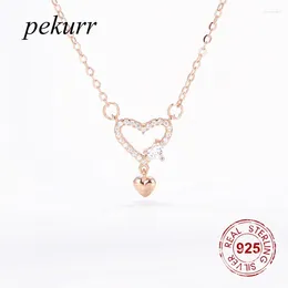 ペンダントネックレスPEKURR 925スターリングシルバーローズホロージルコンレースハートペンダント女性アクセサリージュエリーハンガードロップサスペンションギフト