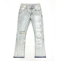 100% pure cotton mens foldable jeans with letter printed open hem denim pants heavy-duty tear on mens knees 240426