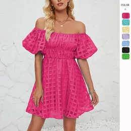 Hot Selling Women's Off the Shoulder Bubble Short Sleeved Pleated High Maist Summer Mini Dress med foder