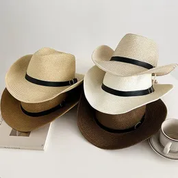 Berets Men Western Cowboy Hat Vintage Men's Gentleman Lady Jazz Cowgirl with Leather Wide Brim Cloche Sombrero Hombre Caps
