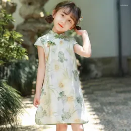 Etniska kläder sommargröna barn cheongsam kort ärm traditionell vintage flickor klänning hanfu kostymer kinesisk stil qipao 90-150 cm