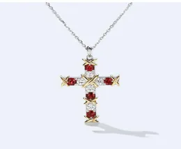 Brand Classic INS Top Selling Jewelry Luxury Jewelry 925 Sterling Silver Cross Pendant Ruby White CZ Diamond Party Women Rink Chain Necla7620175
