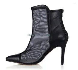 Stiefel schwarzer Mesh Leder Patchwork dünne High Heel Speate Toe Back Reißverschluss Knöchel Sommerlüftung Frauen Schuhe