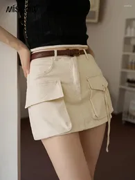 التنانير Mishow Denim Skirt for Women 2024 Summer High Weist Apricot Short A-Line Pockets Over Knee Mini MXC36B0087