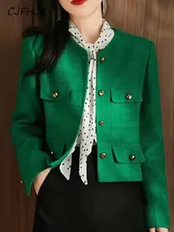 CJFHJE Classic Green Cropped Tweed Jackets Spring Fall Elegancki szczupły płaszcz luksusowy streetwear chaqueta oversize 3xl Mass Fashion 240422