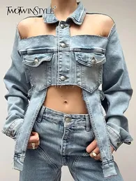 TWOTWINSTYLE Solid Hollow Out Irregular Denim Coat For Women Lapel Long Sleeve Patchwork Single Breasted Streetwear Coats Female 240423