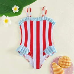 Swimwear femminile 4-7t Summer Girls Childrensuit Swimsuit One Piece Beachwear Ruffles Stripd Stamped Korean Cute Kids Bathing costume