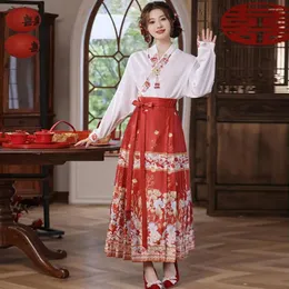 Work Dresses Chinese Hanfu Two Pieces Set Floral Embroidery Mamian Skirt Elements Outfit Back Tassel Pendant Blouses Dress