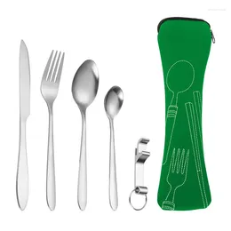 Geschirrsets 5pcs Edelstahl Bestecklöffel Gabelpapiert -Stäbchen -Messer -Set -Tischgeschirr mit Hülle tragbarer Heimcamping