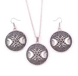 Gold Triple Moon Goddess Wicca Pentagram Magic Amulet Penderant Women Tree Moon Collane Set di orecchie di gioielli2354945